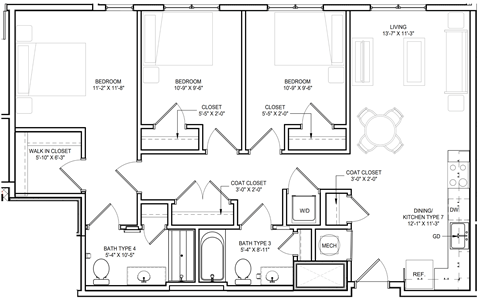 Floor plan for 3 beds, 2 baths, 1060 sqft